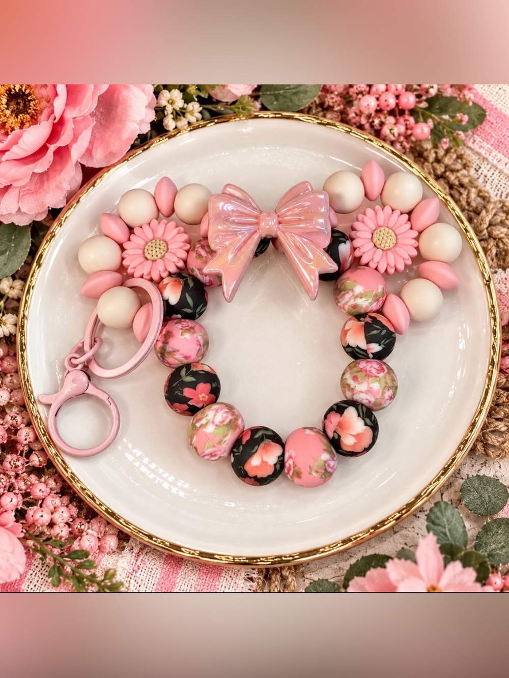 Hand Crafted Pink Floral Beaded Mouse Ear Keychain with Bow Accent